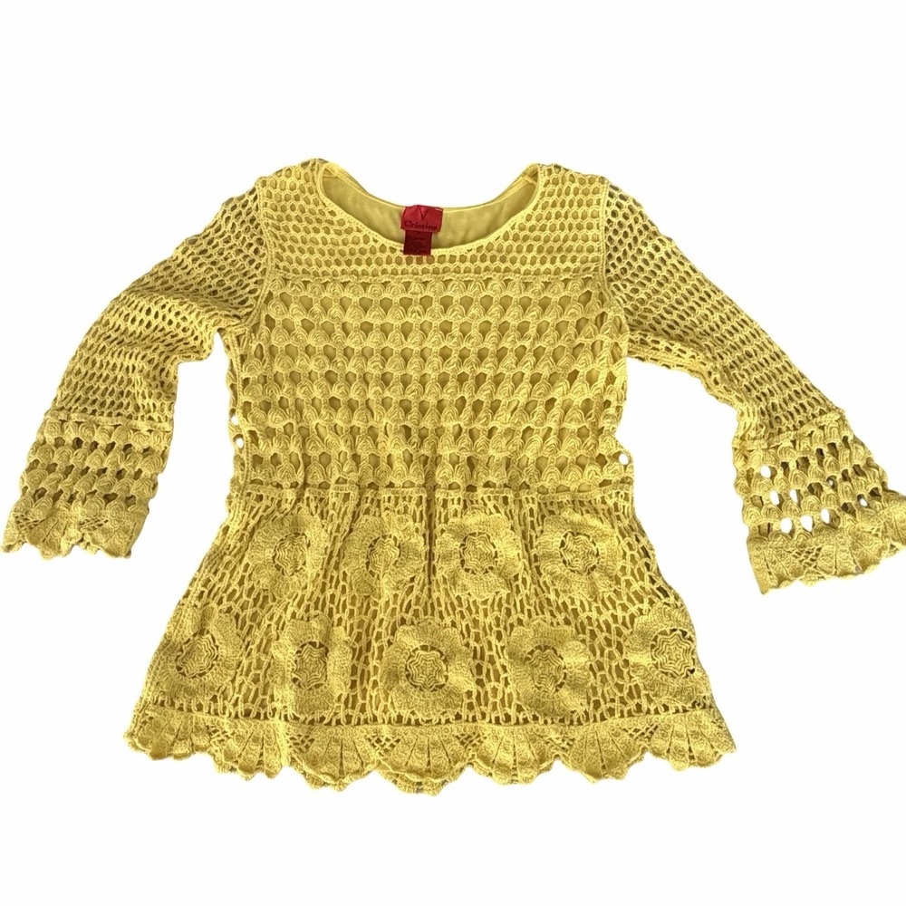 V Christina Floral Crochet Top Sz Medium Yellow Bright Spring Delicate Boho Chic